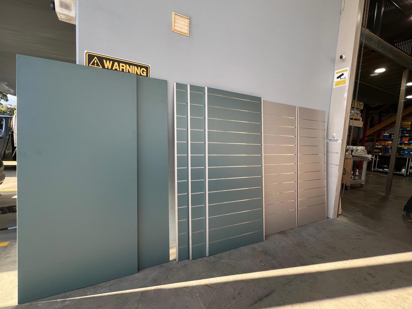Brand New Slatwall Display Panels + 300 Black Hooks – Blue & Grey – 2300mm Height