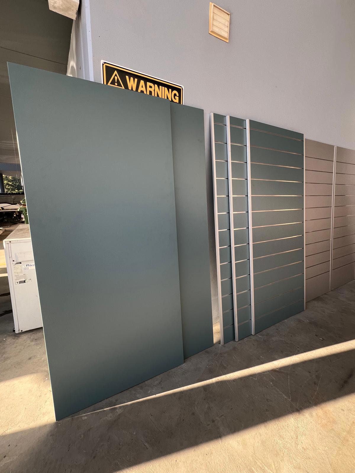 Brand New Slatwall Display Panels + 300 Black Hooks – Blue & Grey – 2300mm Height