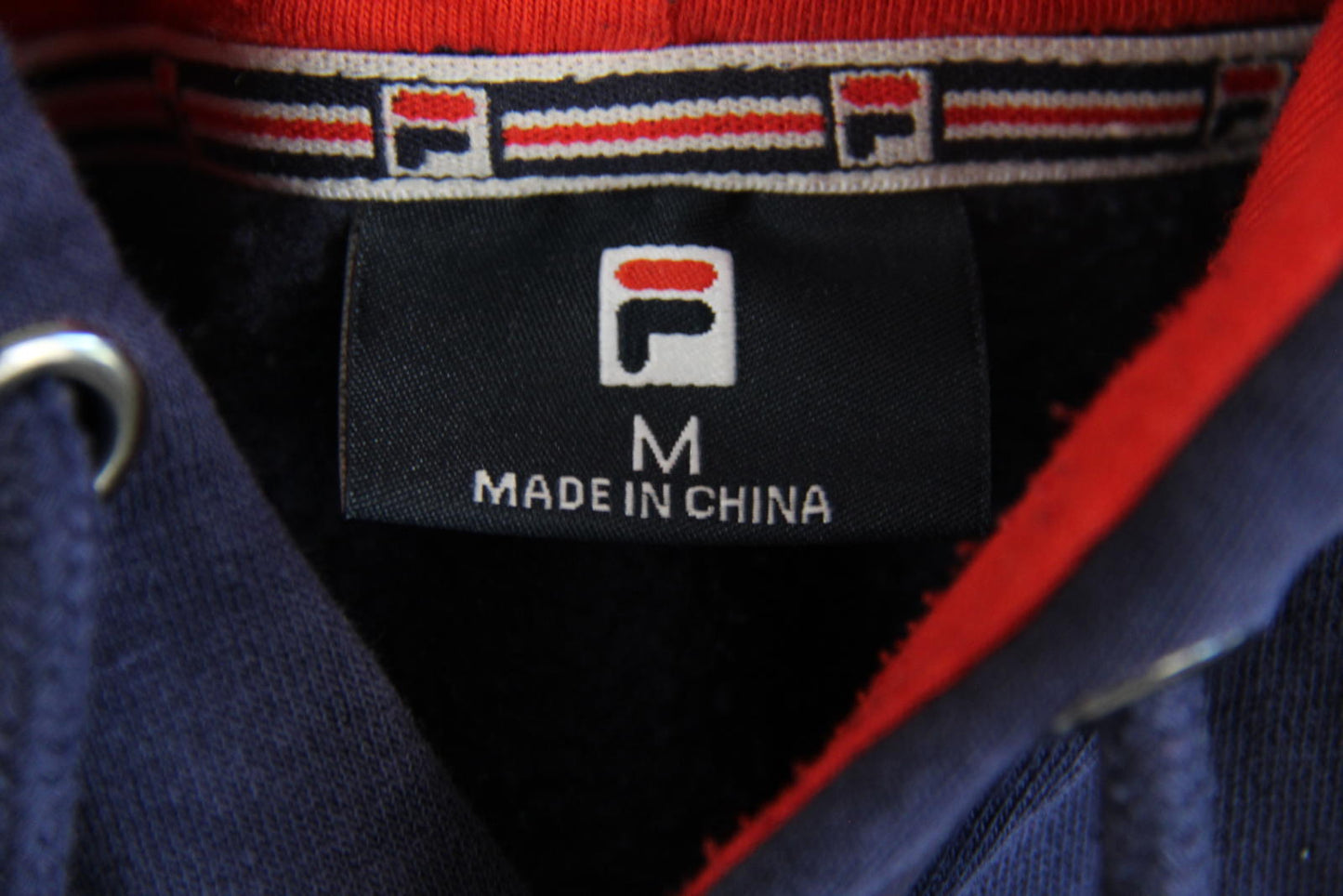 FILA Navy Blue Pullover Hoodie (M) — Logo Front, Red Lined Hood, Kangaroo Pocket