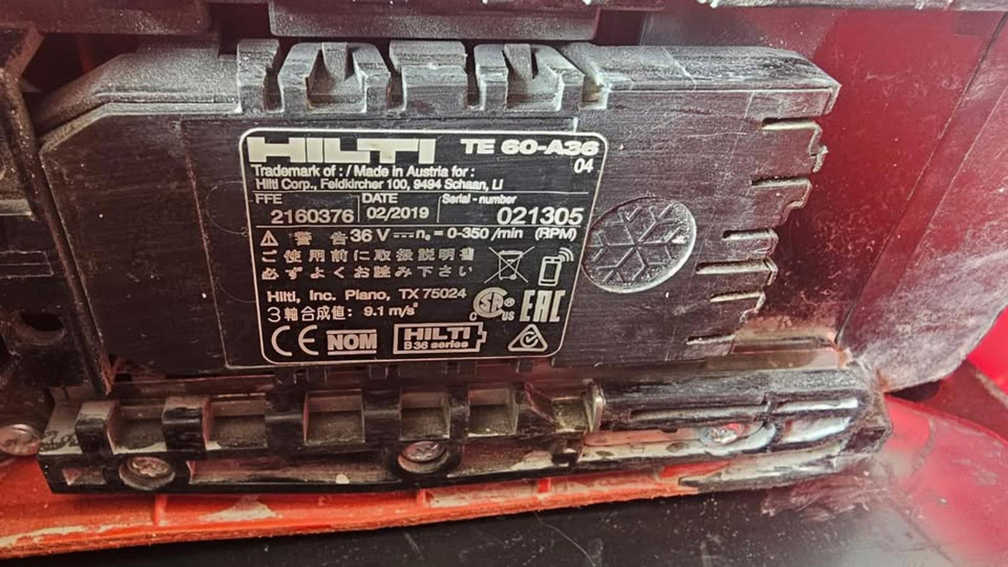 Hilti TE 60-A36 Rotary Hammer Drill Kit – 36V, 9Ah Battery, Charger + SDS Max Bits