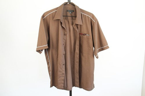 standard brown short sleeve camp button-up shirt L embroidered racing