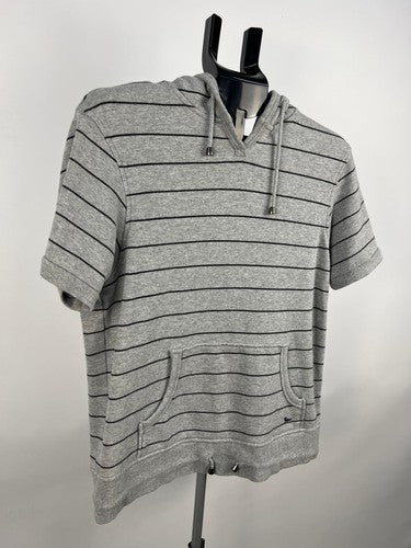Gray Striped Short Sleeve Cotton Hoodie Sweatshirt S