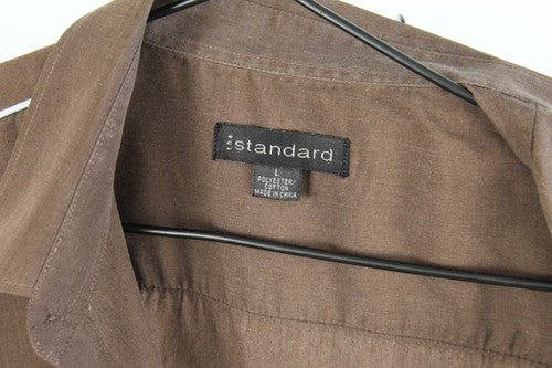 standard brown short sleeve camp button-up shirt L embroidered racing