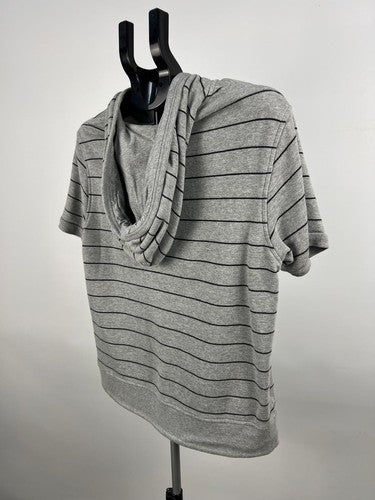 Gray Striped Short Sleeve Cotton Hoodie Sweatshirt S