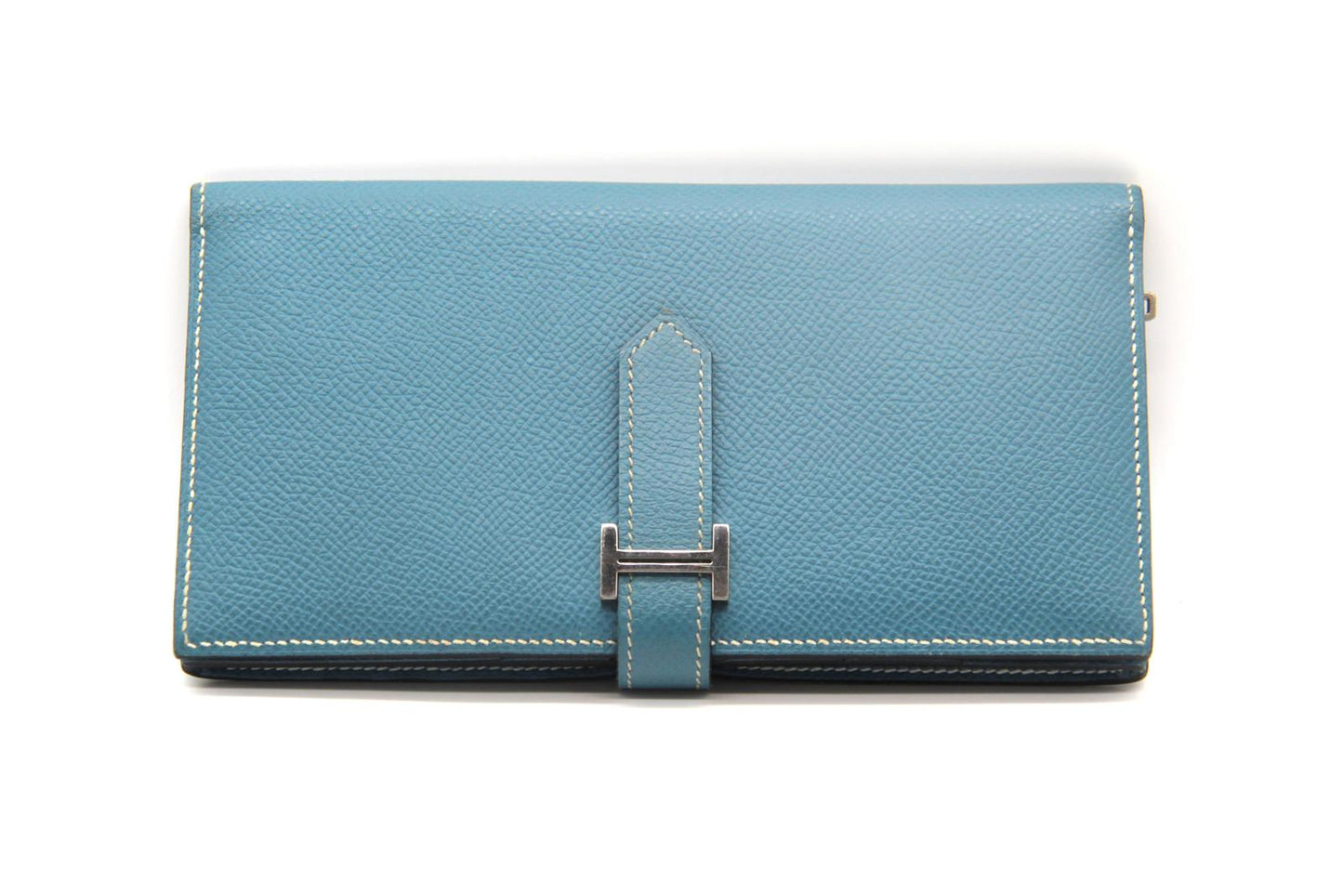 Hermès Béarn Wallet – Blue Leather with Palladium H Clasp – Made in France