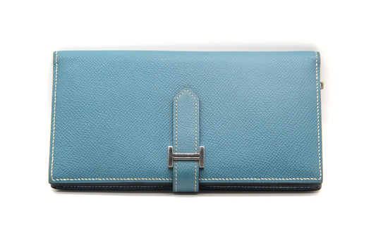 Hermès Béarn Wallet – Blue Leather with Palladium H Clasp – Made in France