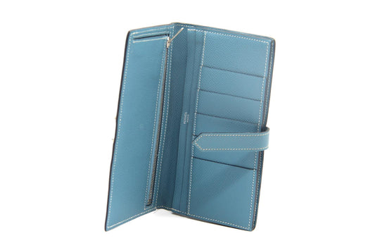 Hermès Béarn Wallet – Blue Leather with Palladium H Clasp – Made in France