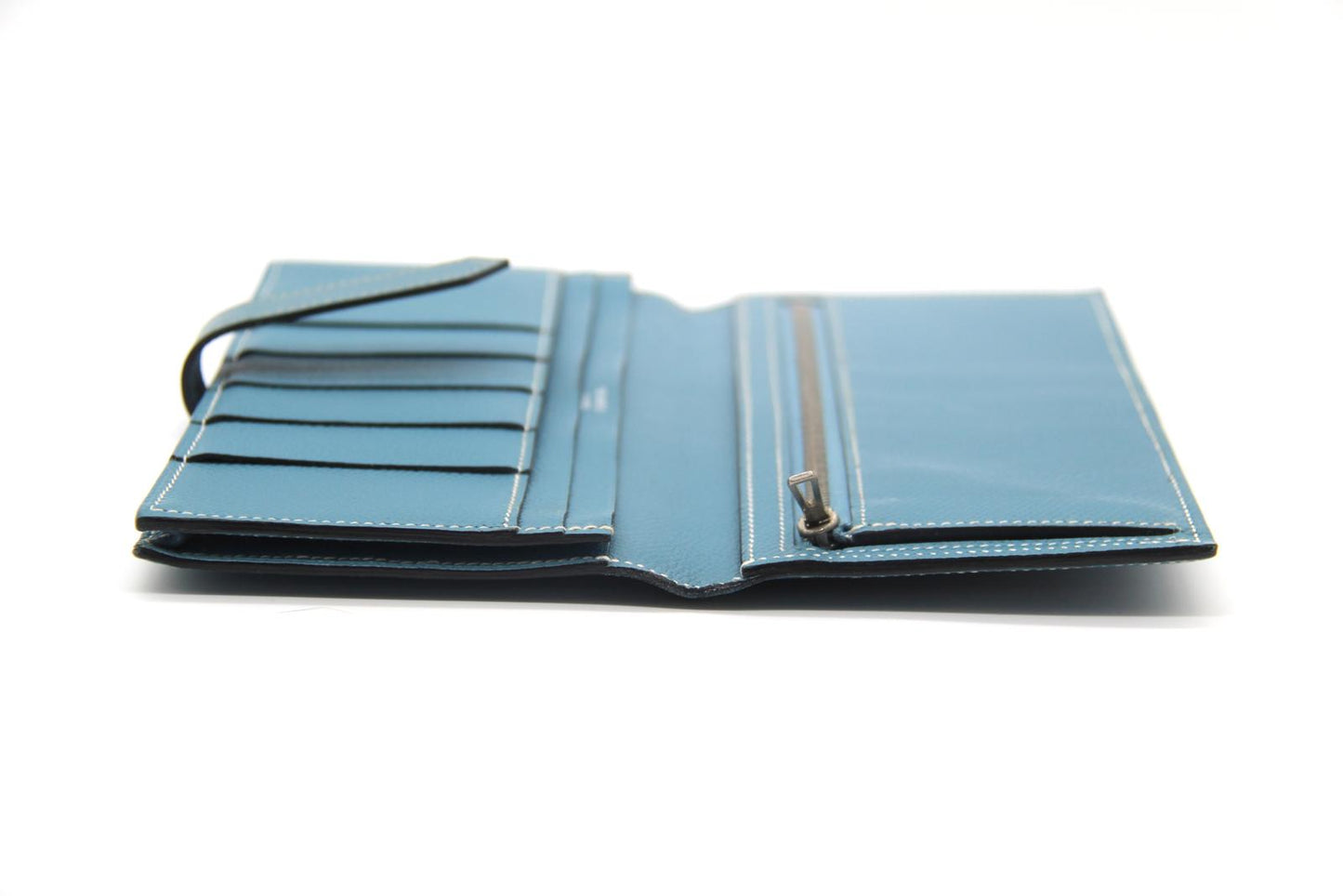 Hermès Béarn Wallet – Blue Leather with Palladium H Clasp – Made in France