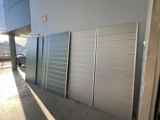 Brand New Slatwall Display Panels + 300 Black Hooks – Blue & Grey – 2300mm Height