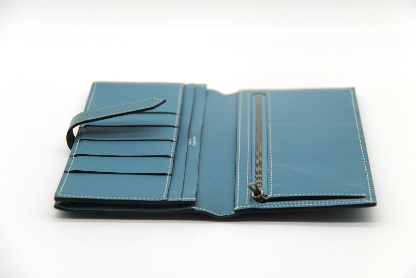 Hermès Béarn Wallet – Blue Leather with Palladium H Clasp – Made in France