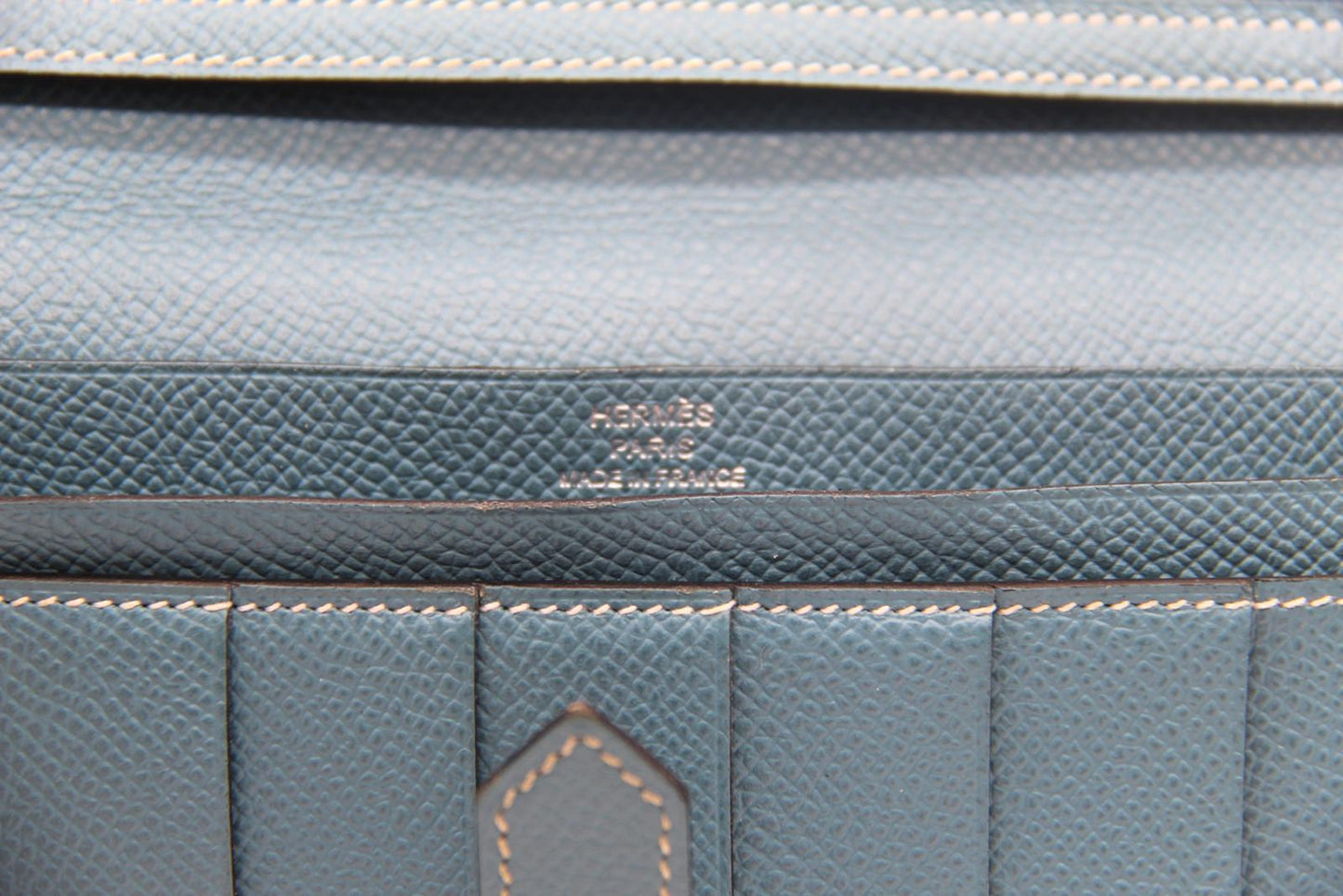Hermès Béarn Wallet – Blue Leather with Palladium H Clasp – Made in France