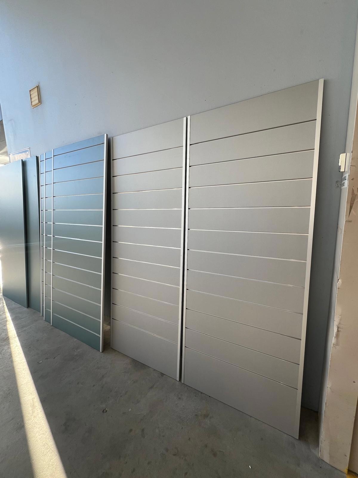 Brand New Slatwall Display Panels + 300 Black Hooks – Blue & Grey – 2300mm Height