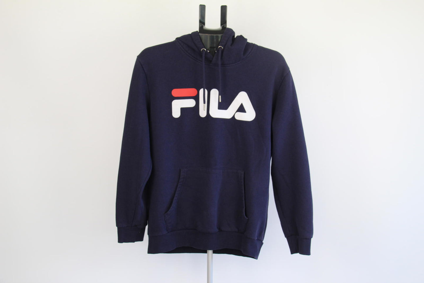 FILA Navy Blue Pullover Hoodie (M) — Logo Front, Red Lined Hood, Kangaroo Pocket