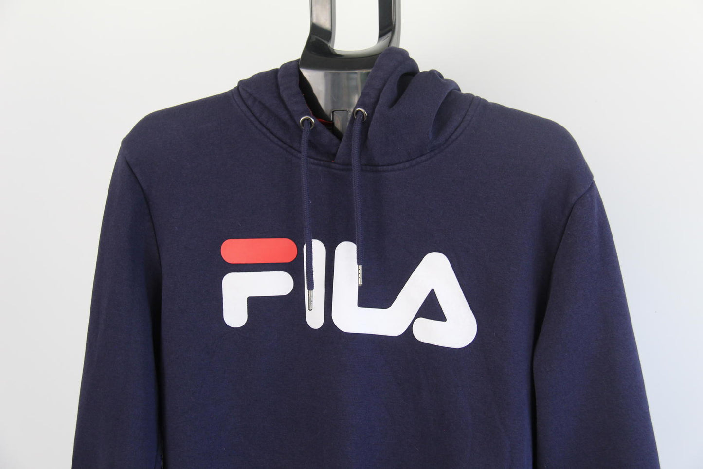 FILA Navy Blue Pullover Hoodie (M) — Logo Front, Red Lined Hood, Kangaroo Pocket