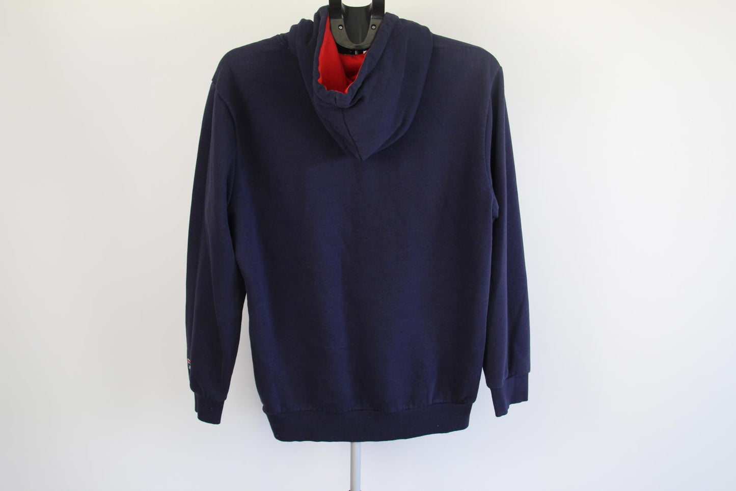 FILA Navy Blue Pullover Hoodie (M) — Logo Front, Red Lined Hood, Kangaroo Pocket