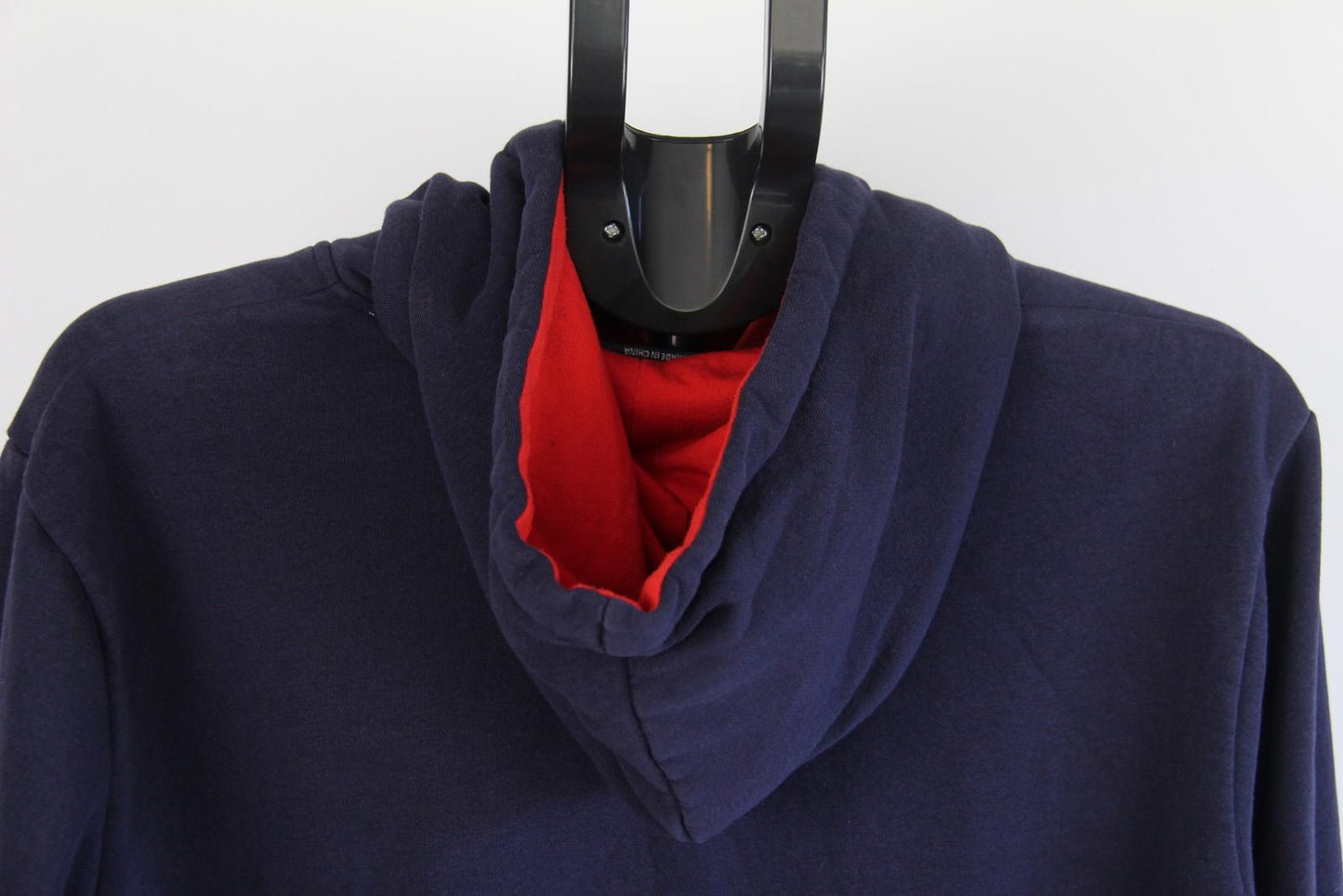 FILA Navy Blue Pullover Hoodie (M) — Logo Front, Red Lined Hood, Kangaroo Pocket