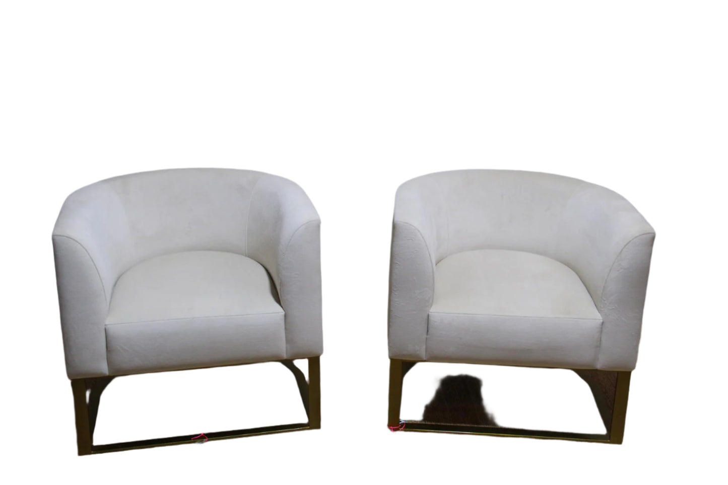 White barrel chairs with brass base made by Interdesign