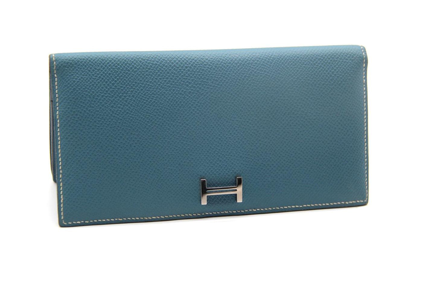 Hermès Béarn Wallet – Blue Leather with Palladium H Clasp – Made in France