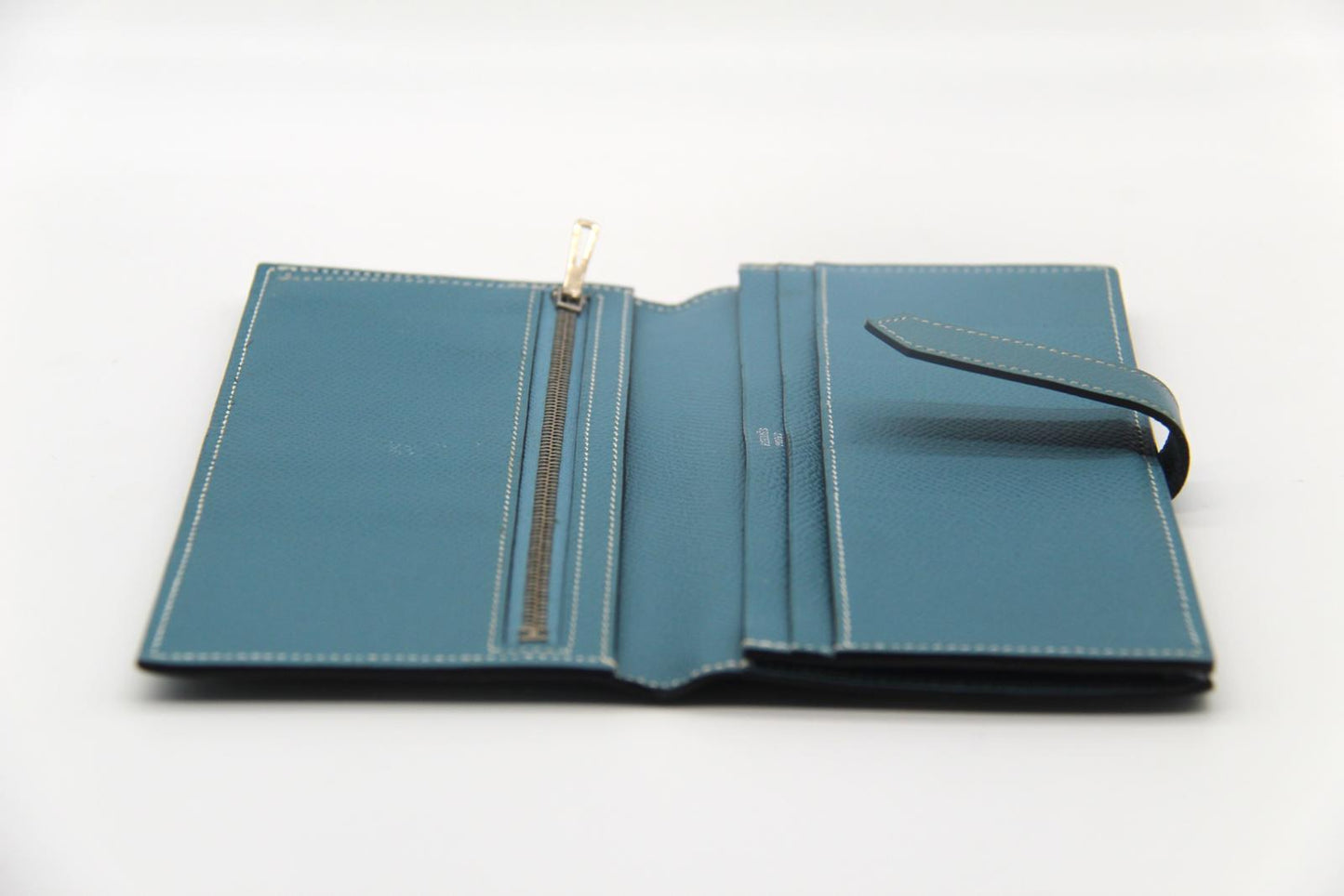 Hermès Béarn Wallet – Blue Leather with Palladium H Clasp – Made in France