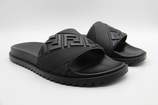 Fendi FF Logo Slides – Black Rubber Sandals – Men’s US 8 – Box & Dust Bag – UK 7